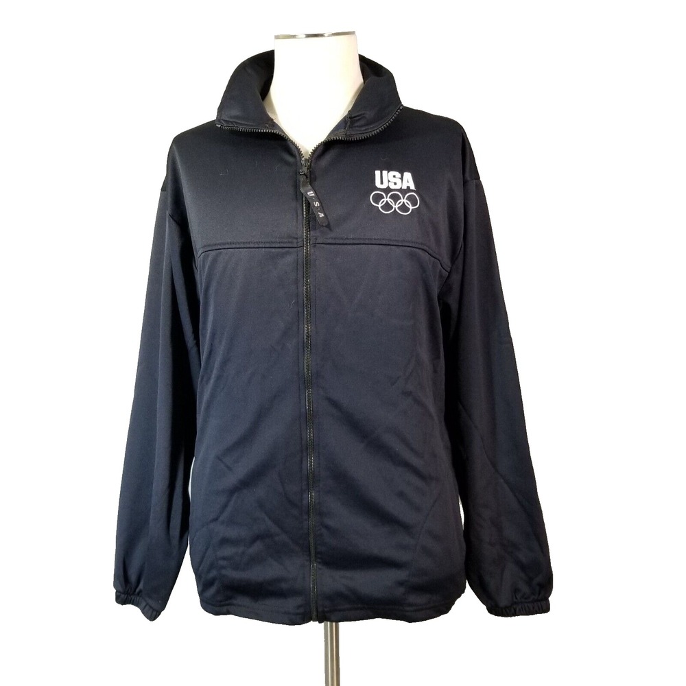 Olympics Track Jacket Men Large Black USA Full Zip Satin Windbreaker Sports